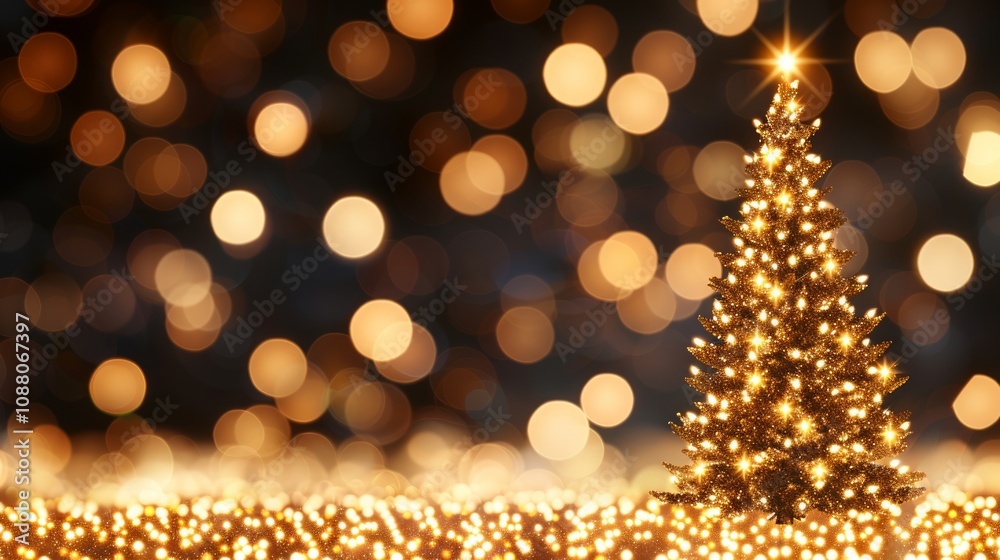 Wall mural sparkling christmas tree with glowing bokeh lights.