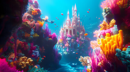 A colorful underwater kingdom filled with coral castles and magical sea creatures swimming among the vibrant reefs. Underwater Coral Kingdom. Illustration