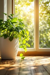 Fototapeta premium Lush Green Potted Plant in Sunlit Interior Near Window