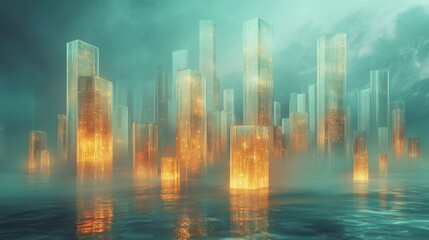 Futuristic city skyline at night, illuminated skyscrapers reflecting in calm water, foggy atmosphere.