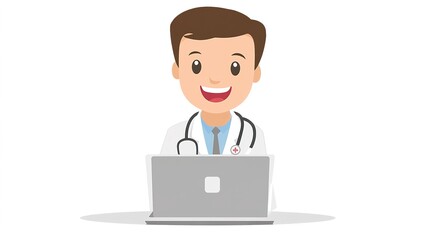 Happy white coat therapist consulting via laptop, showcasing telehealth services and virtual therapy for modern healthcare solutions.