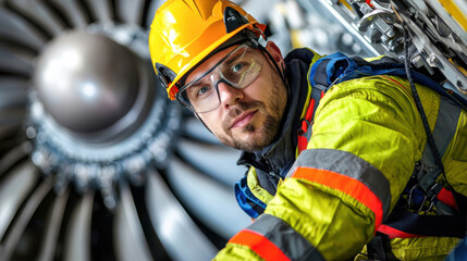 Maintenance engineer working on aircraft engine with safety gear