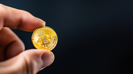 hand holding shiny Bitcoin against dark background, symbolizing cryptocurrency investment and digital finance