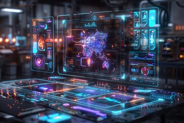 Futuristic holographic interface displaying global data on a digital desk in a dark tech environment.
