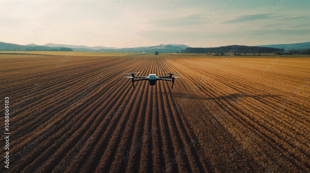 Poster a cutting-edge ai-powered smart agricultural drone for soil analysis, modern farm field with drones 