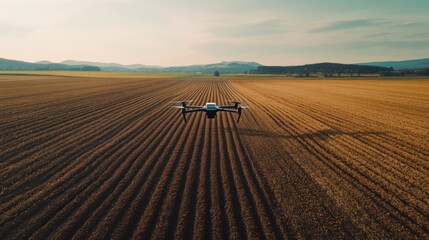 A cutting-edge AI-powered smart agricultural drone for soil analysis, modern farm field with drones equipped for detailed soil health monitoring and data collection, Soil Analysis style
