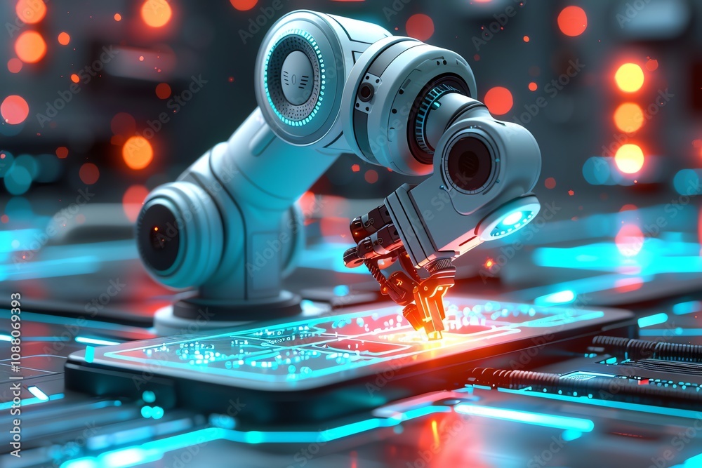 Poster futuristic robotic arm precisely assembling a circuit board in a high-tech factory setting.