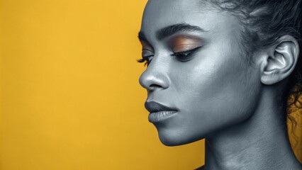 This composition shows a halfface split between a warm sunshine yellow and a cool serene slate gray. The color contrast emphasizes the subjects nuanced emotions and personality.