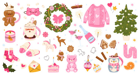 Set of cute Pink trendy elements for Christmas party.  Set of elements with gingerbread, cocoa, mugs, warm knitted sweater, fur tree, wreaths, champagne. Hand drawn style. Vector flat illustration 