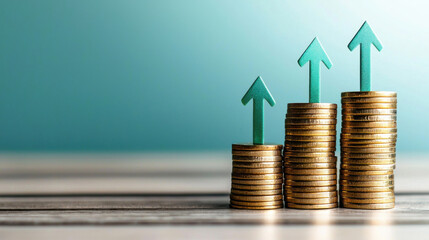 Stack of coins with upward arrows representing financial growth and investment trends. This symbolizes increasing wealth and economic progress