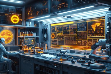 Futuristic scientist works in a high-tech lab with advanced equipment and monitors displaying data.