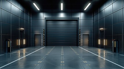 Modern industrial garage interior with large roll-up door, sleek metallic walls, and polished floor.