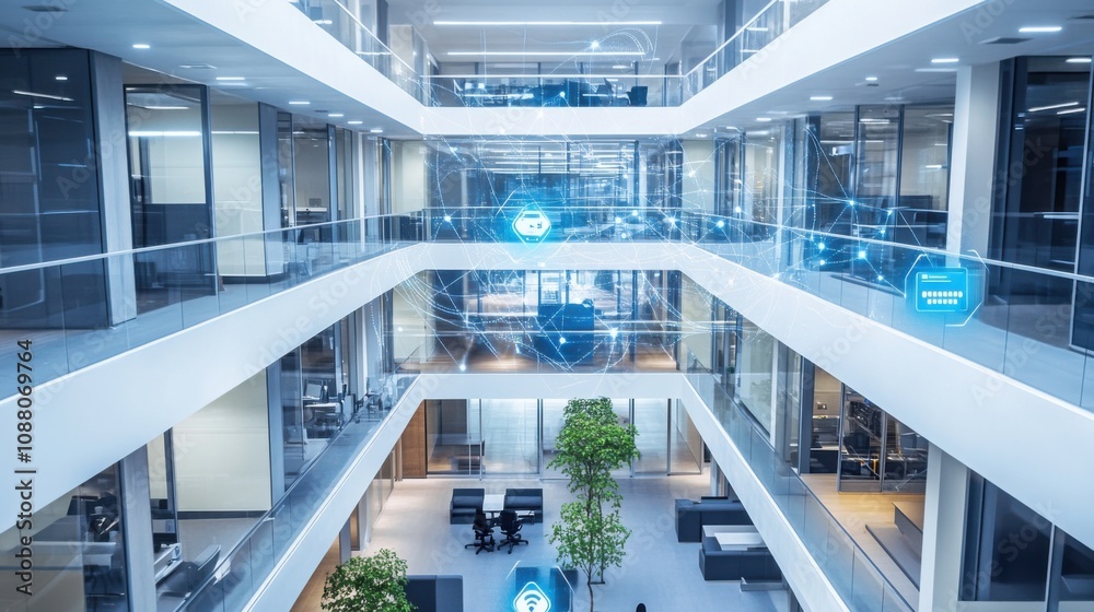 Fototapete A cutting-edge AI-powered smart building occupancy management system, modern office building with technology for monitoring and optimizing space usage and occupancy levels, Occupancy Management style
