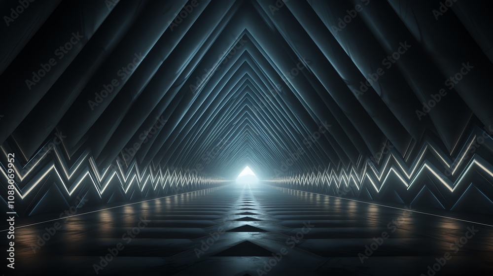 Wall mural futuristic triangular tunnel with glowing neon lines.