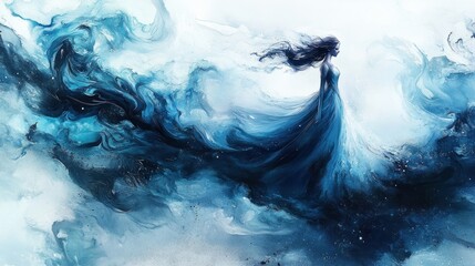 A Woman Standing in a Flowing Blue Dress, Digital Artwork