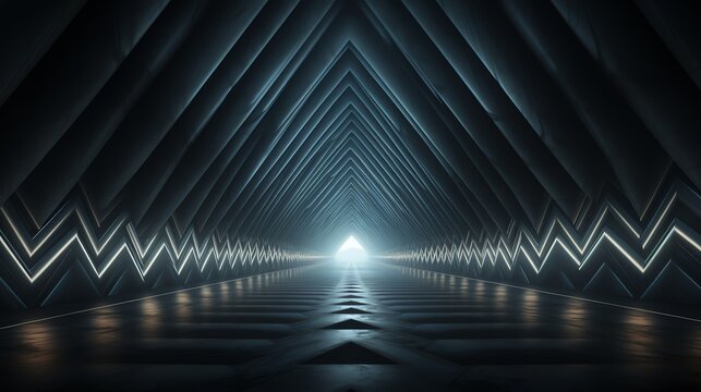 Futuristic triangular tunnel with glowing neon lines.