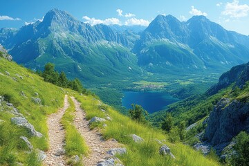 Obraz premium A winding path leads through lush green hills. It showcases a beautiful mountain scene with a clear blue lake and a charming village.