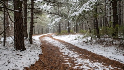Winter forest path covered with fallen pine needles and snow