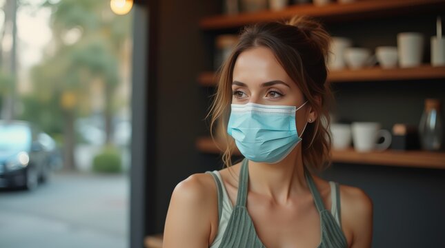 Shop Owner Welcomes Customers Back After Lockdown With a Face Mask. Generative AI