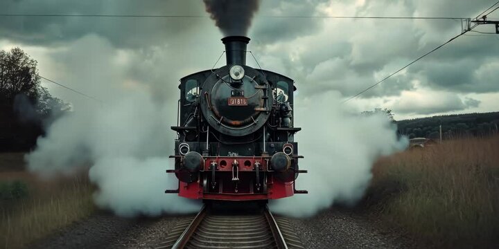 Classic steam engine puffing smoke on rural tracks, 4K Video