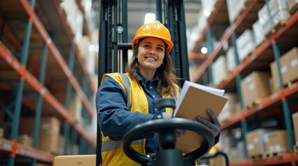 Warehouse Worker Driving Forklift and Organizing Products for Shipment Preparation. Generative AI