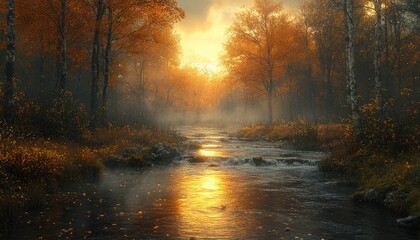 Obraz premium A river flows through an autumnal forest. The photo showcases the beauty of nature in the fall season, with the golden light reflecting off the water.