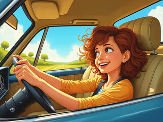 Generated cartoon illustration of a smiling young woman on the driver seat of a car vehicle in a sunny day.