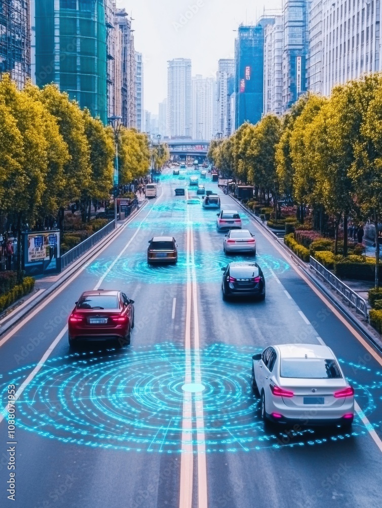 Aufkleber This urban area features vehicles on a street connected by an AI network, with smart technologies enhancing traffic management and safety. Generative AI