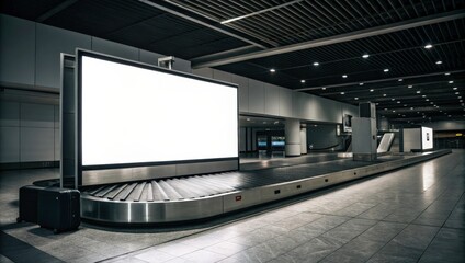 Blank Advertising Display on a Luggage Carousel in an Empty Airport Terminal at Night. Generative AI