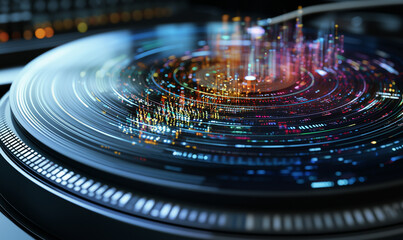 A vibrant, futuristic turntable features swirling colorful lights, blending music and technology in an artistic visual representation.