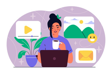 Woman create content. Young girl with mug of hot drink creates interesting content for social networks. SMM specialist at workplace. Flat vector illustration