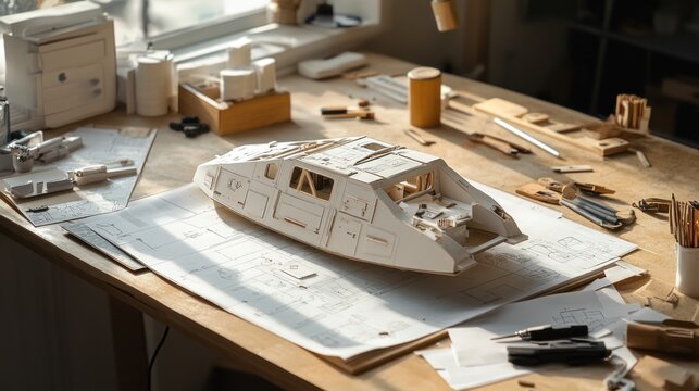 Architectural table featuring an amphibious vehicle model under construction, with design plans and craft tools scattered around 