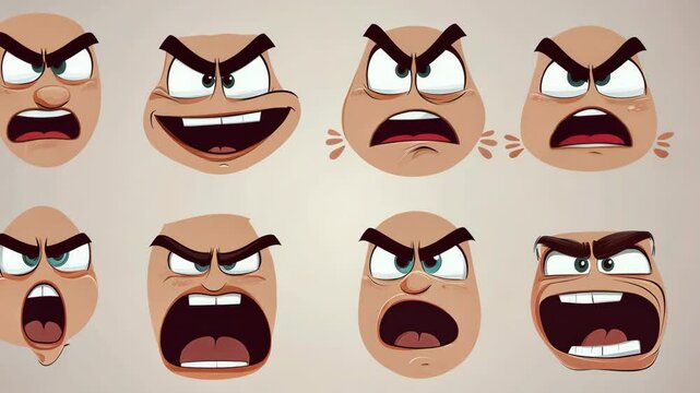 A series of cartoon faces with different expressions, including angry, surprised, and sad. The faces are arranged in a row, with some overlapping each other. Scene is lighthearted and playful