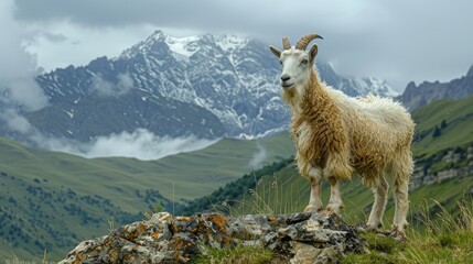 Fototapeta premium Mountain goat standing on rocks with snowy mountain range in background.