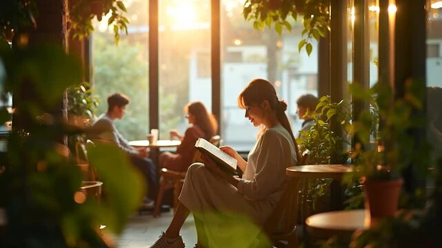 Late Afternoon Sunlight Bathing a Woman Reading a Book at the Cozy, Woody Cafe