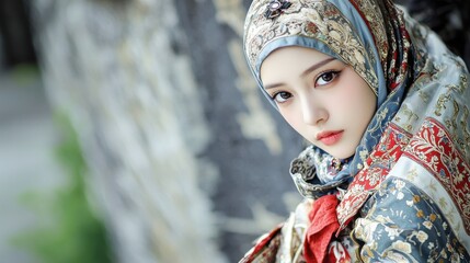 Obraz premium Young Woman Wearing Ornate Headscarf Poses Elegantly