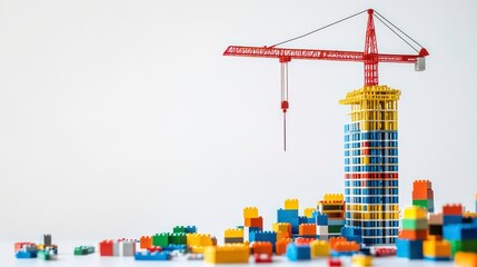 A toy crane lifts a colorful building block tower against a white background, surrounded by various blocks.