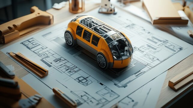 A crafted model of a taxi service pod surrounded by drafting blueprints on a neatly arranged architectural table
