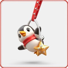 Obraz premium Adorable 3D Render of a Penguin Christmas Ornament Hanging on a Red Ribbon