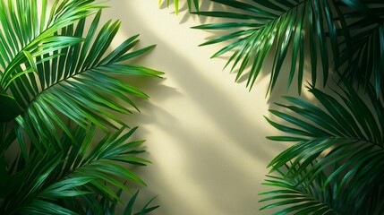 Lush green palm leaves framing a soft, neutral background with gentle shadows.