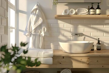 Stylish bathroom interior with stylish sink, plants, shelving unit and bathrobe on wall background