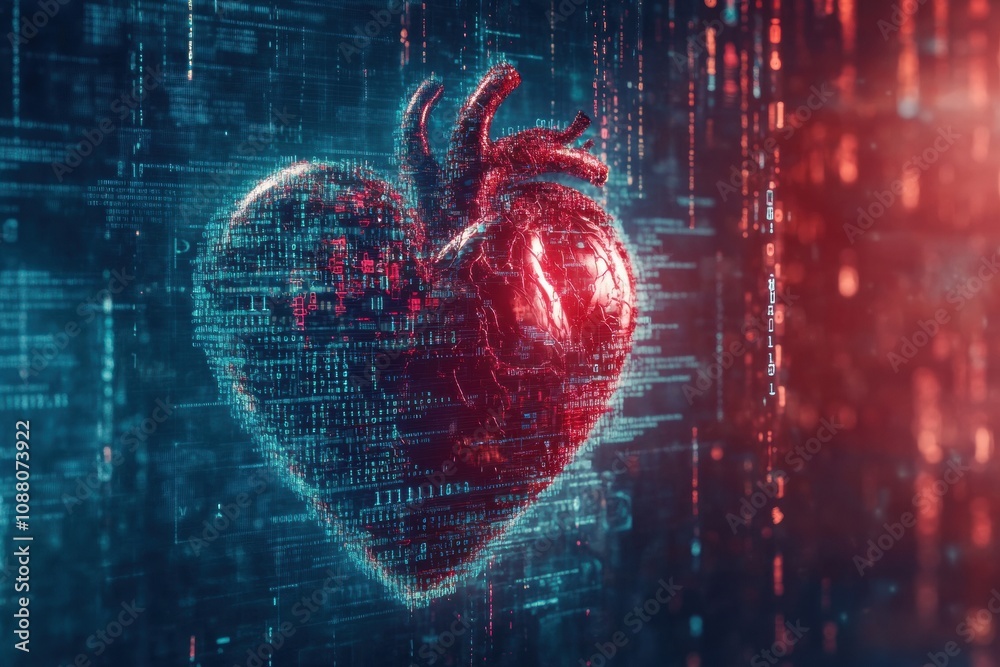 Aufkleber a vivid human heart is surrounded by flowing digital code, showcasing the intersection of human life