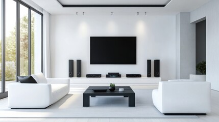 A cutting-edge AI-powered smart home entertainment system, modern living room with integrated controls for managing audio, video