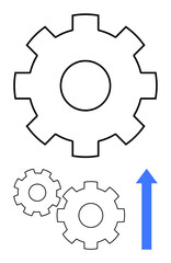 Large gear with two smaller gears and upward blue arrow symbolizing progress. Ideal for productivity, innovation, business growth, teamwork, mechanics, technical concepts, and engineering. Line