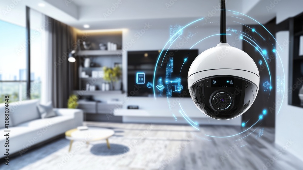 Aufkleber a cutting-edge ai-powered smart home security system, modern residential setting with integrated cam