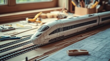 High-speed rail model under construction on a designer's table, surrounded by detailed plans and crafting tools