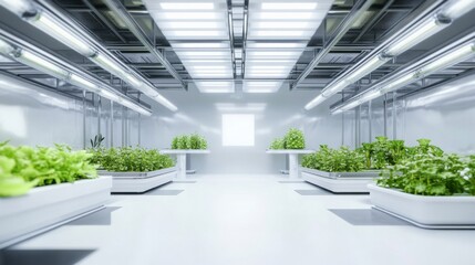 A cutting-edge AI-powered smart indoor farming system, modern urban indoor environment with integrated technology for optimizing plant growth and resource use in controlled conditions