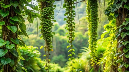 Fototapeta premium Green leaves Javanese treebine or Grape ivy hanging vine plant in jungle bush, green leaves, Javanese treebine, Grape ivy