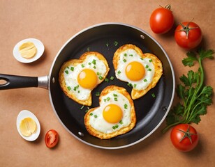 Fried eggs in the shape of a heart in a frying pan. View from above. The concept of a morning breakfast with scrambled eggs. Cooking. Egg omelet. Ai generated image.