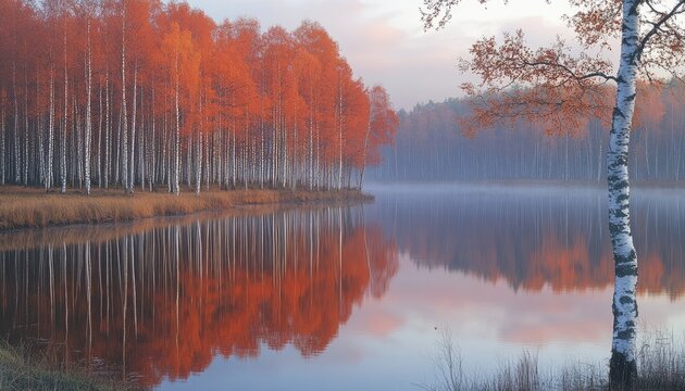 A scenic lake in autumn with birch trees. This photo depicts the beauty of nature in the fall, with the trees' vibrant colors reflected in the still water.